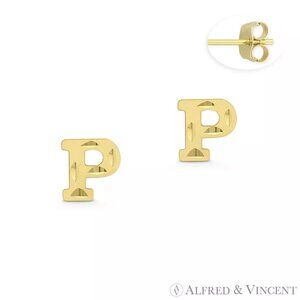 Initial Letter "P" Stud Earrings with Push-Back Posts in 14k Yellow Gold